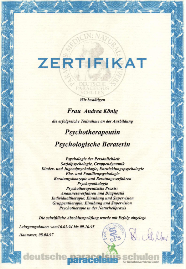 Zertifikat Psychotherapeutin und psychologische Beraterin